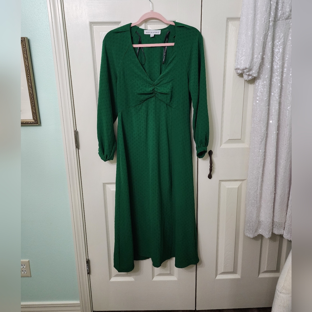 Green midi dress with ruched V-neck and long bishop sleeves for wedding guest